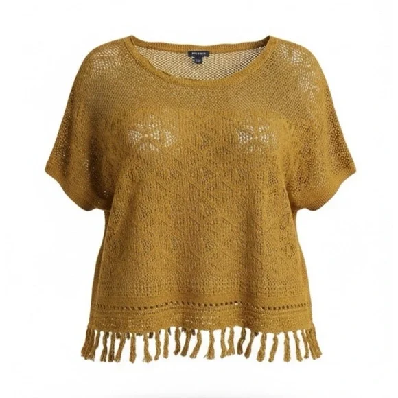 Torrid Crochet Knit Short Sleeve Top Sz 2X Mustard Cotton Fringe Open Knit Layer - Picture 1 of 11
